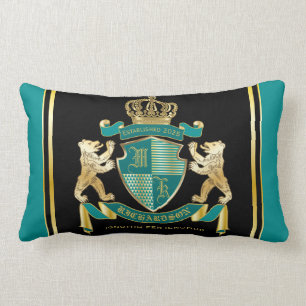 Make Your Own Coat of Arms Teal Gold Bear Emblem Lumbar Cushion