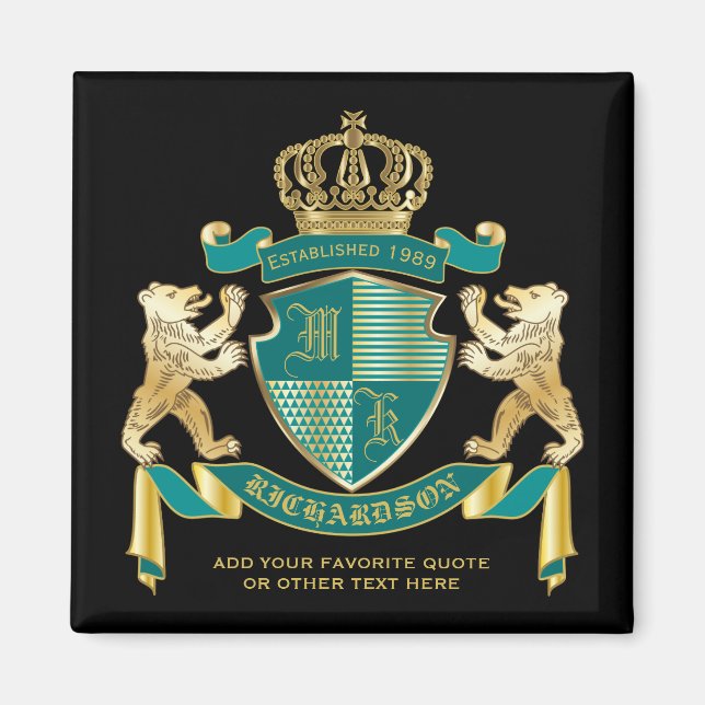 Make Your Own Coat of Arms Teal Gold Bear Emblem Magnet (Front)