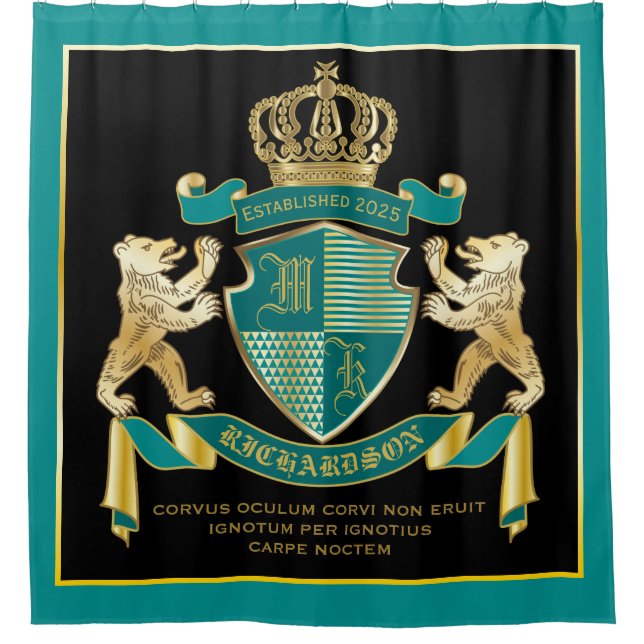 Make Your Own Coat of Arms Teal Gold Bear Emblem Shower Curtain (Front)