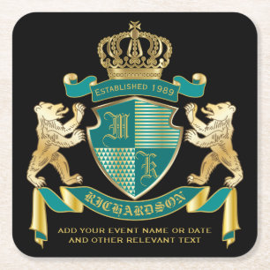 Make Your Own Coat of Arms Teal Gold Bear Emblem Square Paper Coaster