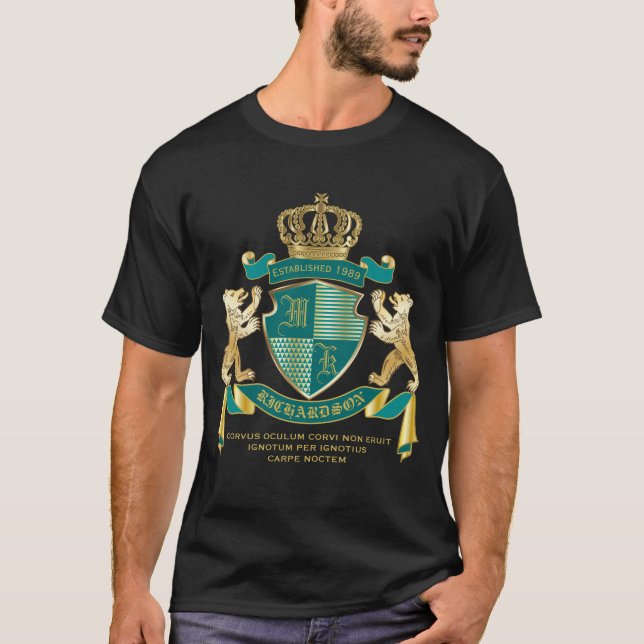 Make Your Own Coat of Arms Teal Gold Bear Emblem T-Shirt (Front)