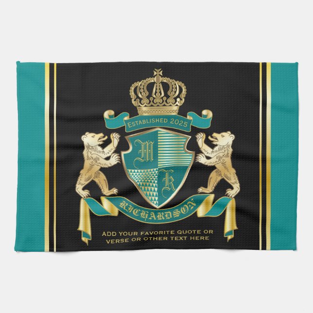 Make Your Own Coat of Arms Teal Gold Bear Emblem Tea Towel (Horizontal)