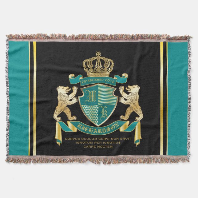Make Your Own Coat of Arms Teal Gold Bear Emblem Throw Blanket (Front)