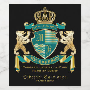 Make Your Own Coat of Arms Teal Gold Bear Emblem Wine Label