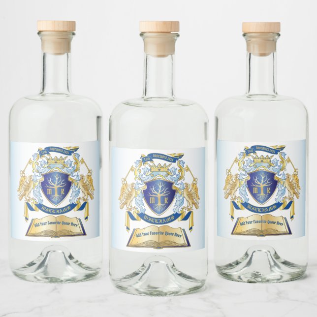 Make Your Own Emblem Tree Book Key Crown Gold Blue Liquor Bottle Label (Bottles)