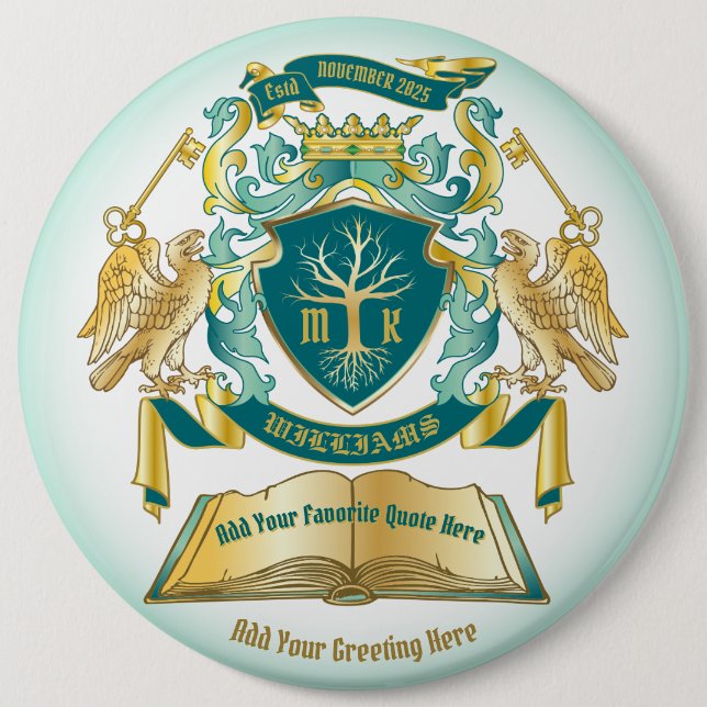 Make Your Own Emblem Tree Book Key Crown Gold Jade 6 Cm Round Badge (Front)