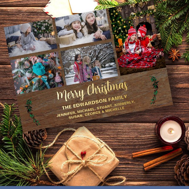 Make your own family collage rustic foil Christmas (Create your own rustic wood, family photo collage, Merry Christmas foil holiday card.)