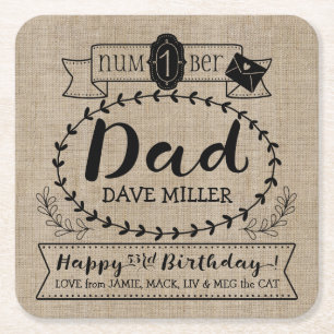Make Your Own Number 1 Dad Birthday Cute Monogram Square Paper Coaster