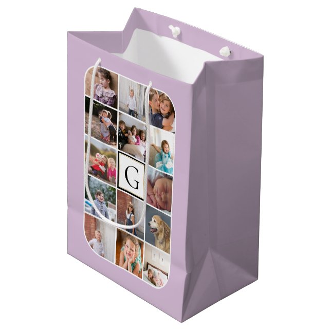 Make your own photo collage, monogram lavender medium gift bag (Front Angled)