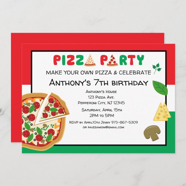 Make Your Own Pizza Birthday Party Invitation (Front/Back)