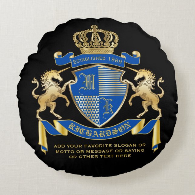 Make Your Own Unicorn Coat of Arms Blue Emblem Round Cushion (Front)