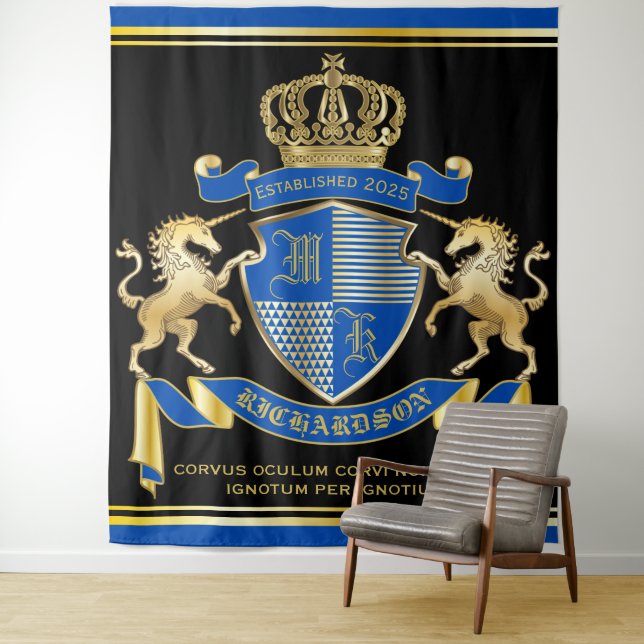 Make Your Own Unicorn Coat of Arms Blue Emblem Tapestry (In Situ)