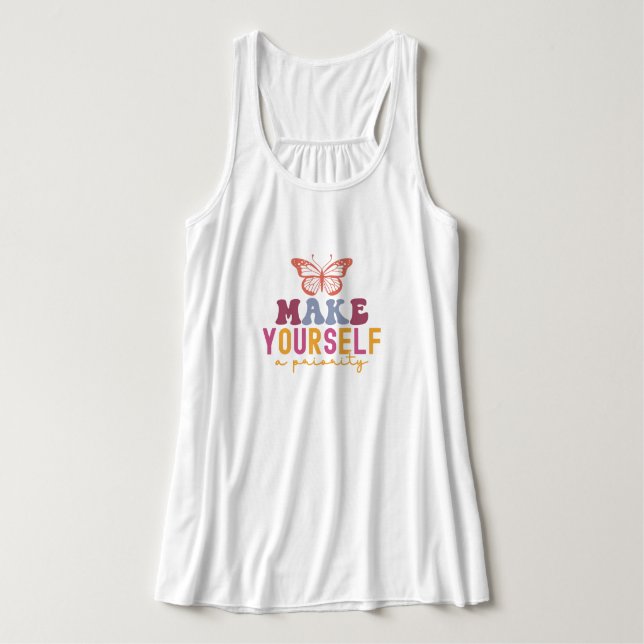 "Make Yourself a Priority" Retro Butterfly Quote Singlet (Design Front)