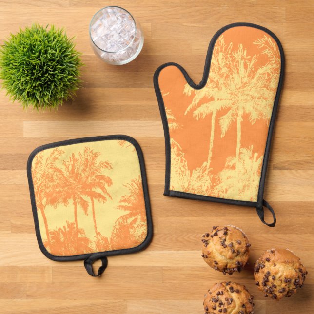 Makena Beach Hawaiian Sketchy Palms Lemon Oven Mitt & Pot Holder Set (Top Down)