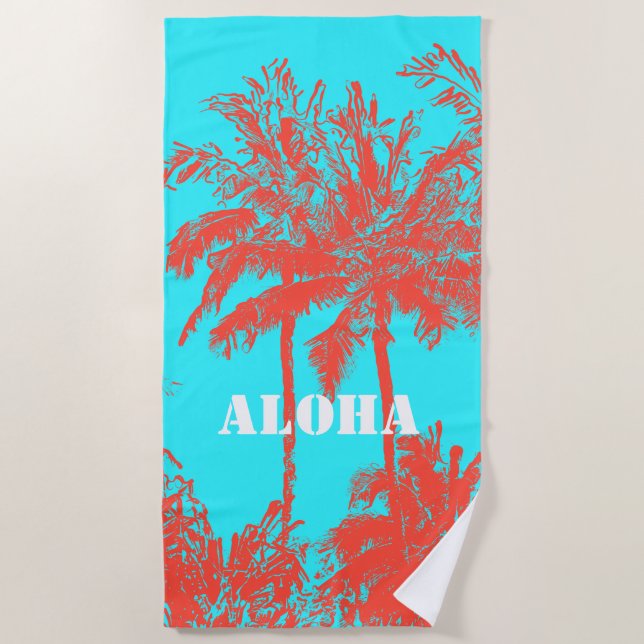 Makena Beach Hawaiian Sketchy Palms Turq Beach Towel (Front)