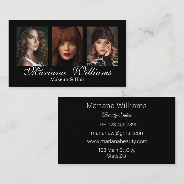 makeup and hair 3 photos beauty salon black business card (Front/Back)