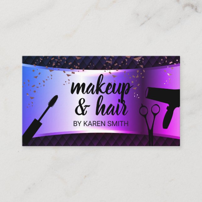 Makeup and Hair | Purple Metallic Banner Mesh Appointment Card (Front)