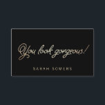 Makeup and Hair Stylist Gold Script Beauty Business Card<br><div class="desc">An elegant yet whimsical stylish feel featuring digital image of gold foil look typography on black background. It is recommended to use premium card stock when ordering dark coloured designs to insure a rich sharp print and protection against tiny surface scratches and corner freys.</div>