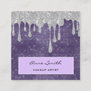 Makeup Artist Amethyst Silver Glitter Dripping Square Business Card