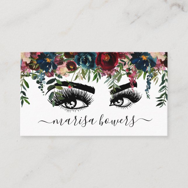 Makeup artist Beautiful Eye Beauty Burgundy Floral Business Card (Front)