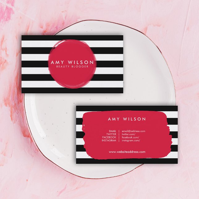Makeup Artist Beauty Blogger Stripes Social Media Business Card (Creator Uploaded)