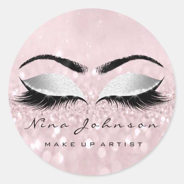 Makeup Artist Beauty Grey Pink Eye Glitter Lashes Classic Round Sticker (Front)