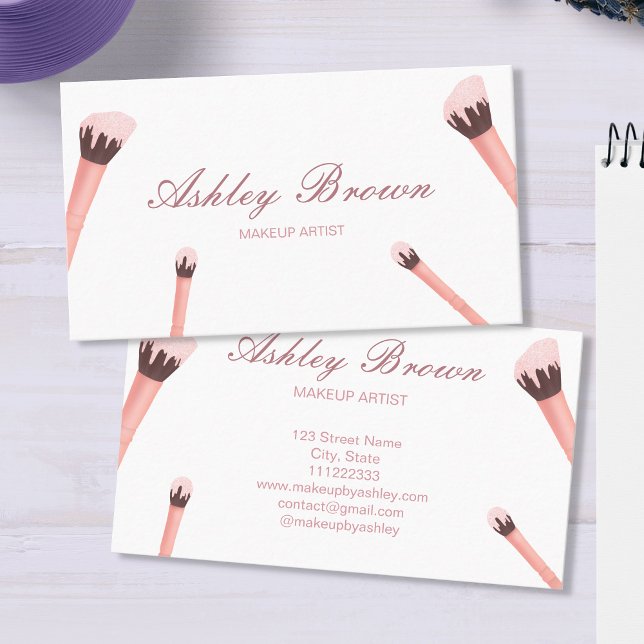 Makeup Artist Beauty Salon Brushes Pink Glitter Business Card (Creator Uploaded)