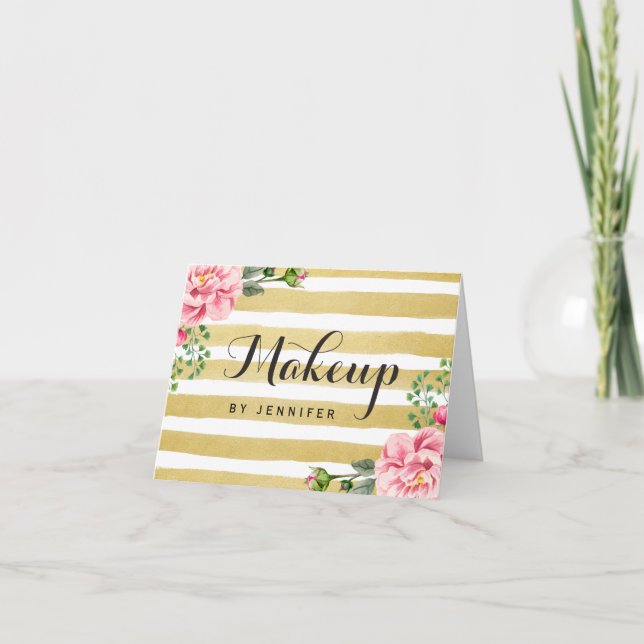 Makeup Artist Beauty Salon Floral Gold Stripes Thank You Card (Front)