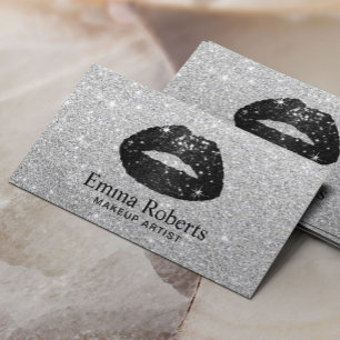 Makeup Artist Black Glitter Lips Modern Silver Business Card