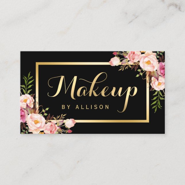 Makeup Artist Black Gold Script Floral Wrap Business Card (Front)
