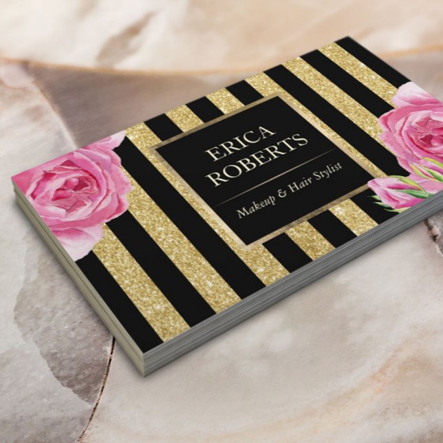 Makeup Artist Black & Gold Stripes Modern Floral Business Card (Creator Uploaded)