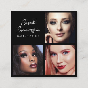 Makeup Artist Black White 3 Photo Elegant Square Business Card