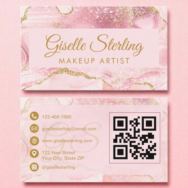 Makeup Artist Blush Pink Gold Agate QR Code Business Card (Creator Uploaded)