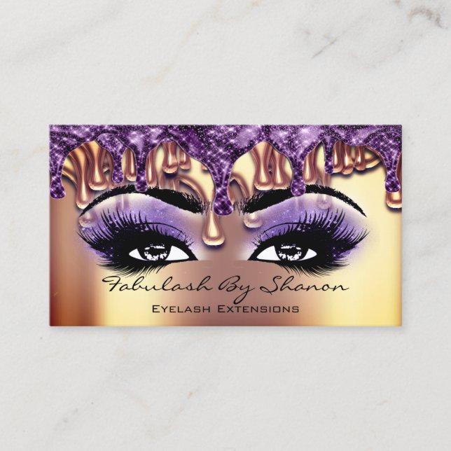 Makeup Artist Brow Eyelash Gold Drips Purple Business Card (Front)