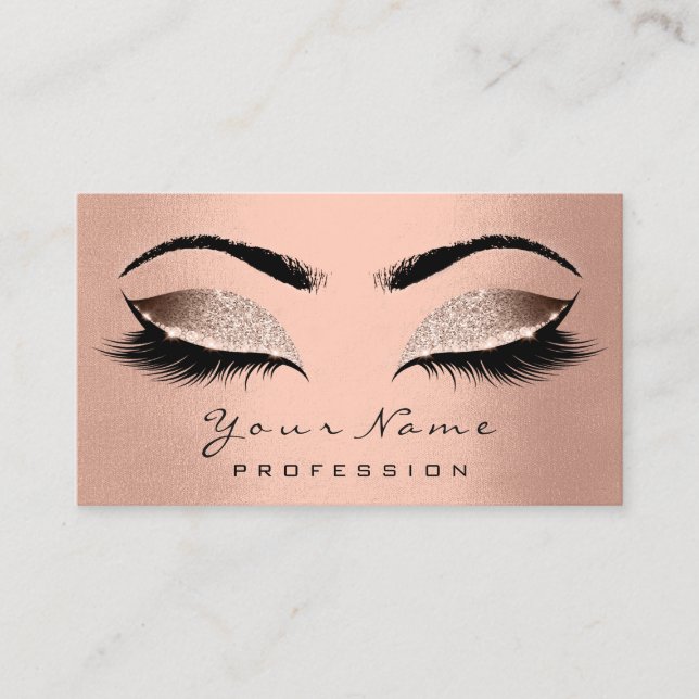 Makeup Artist Brown Lashes Glitter Wax Rose Gold Business Card (Front)