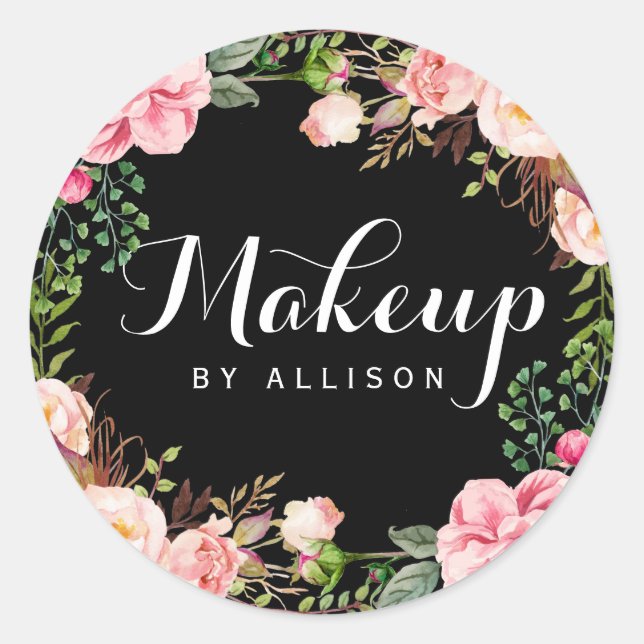 Makeup Artist Calligraphy Script Floral Wrapping Classic Round Sticker (Front)