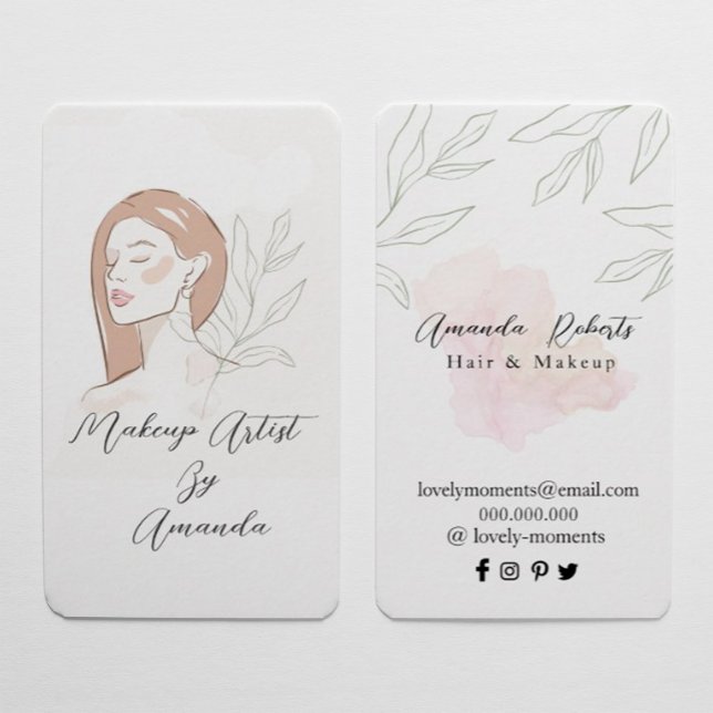 Makeup Artist Chic Beauty Natural Business Card (#zazzlemade #beautynarural #makeupartist #proffissinal #watercolor #skincare #hair organic #leaves)