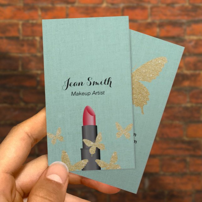 Makeup Artist Chic Gold Butterflies Faux Linen Business Card (Creator Uploaded)