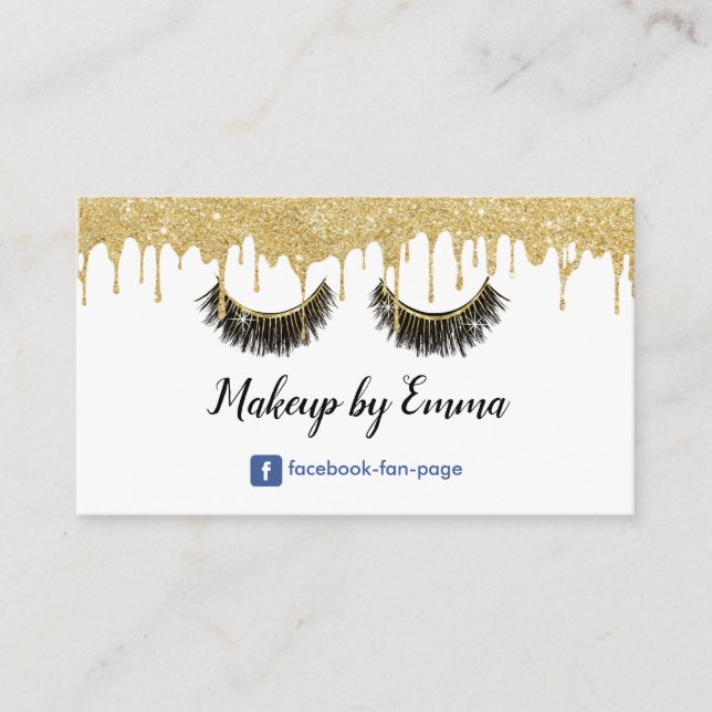 Makeup Artist Chic Lashes Modern Gold Dripping Business Card (Front)