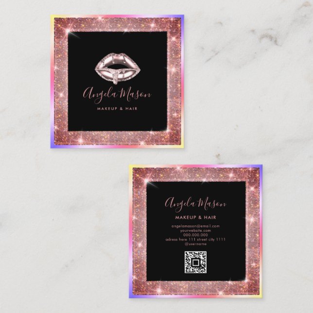 Makeup Artist Chic Salon QR Code Unique Square Bus Square Business Card (Front/Back)