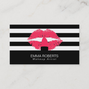 Makeup Artist Classy Black White Stripes Red Lips Business Card
