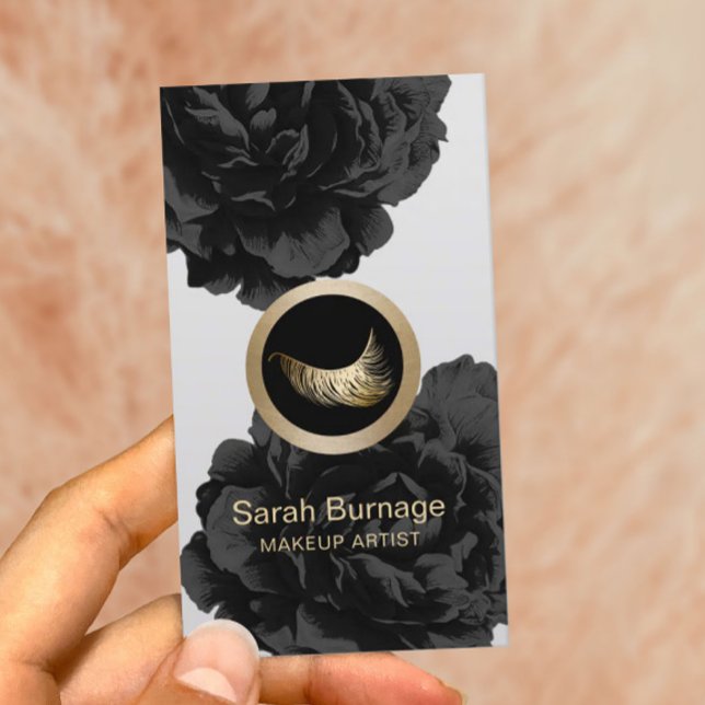 Makeup Artist Custom Logo Elegant Black Floral Business Card (Creator Uploaded)