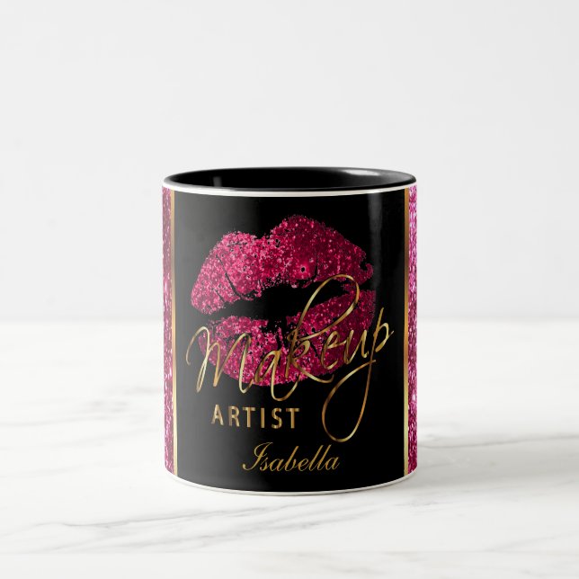 Makeup Artist Dark Pink Glitter Lips Two-Tone Coffee Mug (Center)