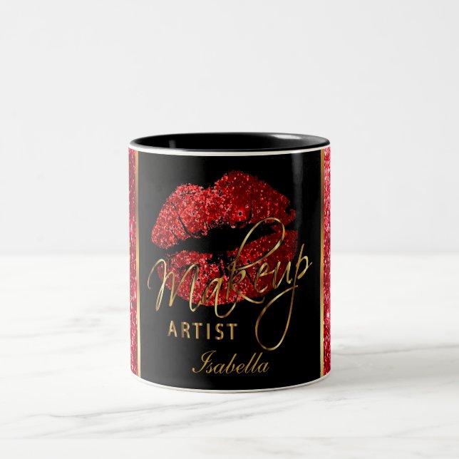 Makeup Artist Deep Red Glitter Lips Two-Tone Coffee Mug (Center)