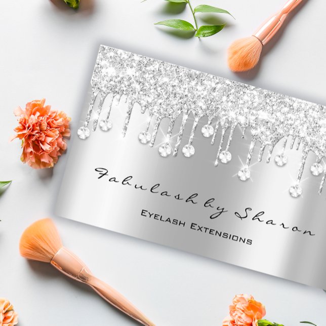 Makeup Artist Eyelash Diamond Drips Silver Blogger Business Card (Creator Uploaded)