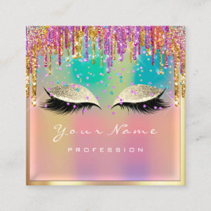 Makeup Artist Eyelash Drips Glitter Pink Holograph Square Business Card