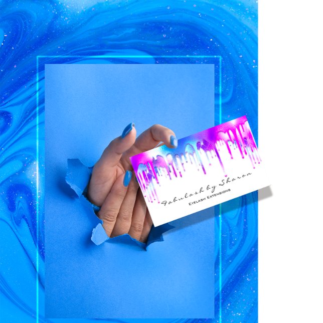 Makeup Artist Eyelash Holograph Drips White Business Card (Holographic Blu Pink Drips Nails FlorenceK )