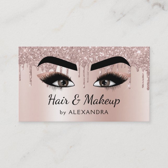 Makeup Artist Eyelash Lashes Glitter Rose Gold Business Card (Front)