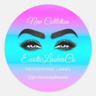 Makeup Artist Eyelash Logo Purple Ombre Blue Pink Classic Round Sticker