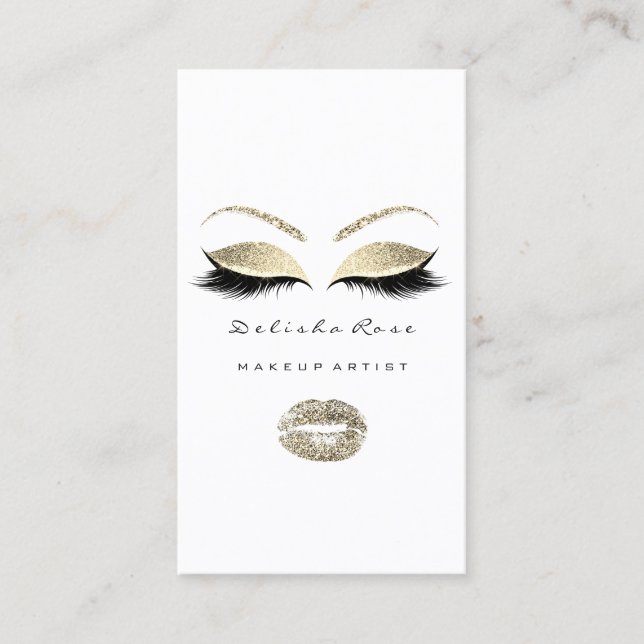 Makeup Artist Eyes Lashes Glitter Gold White Lips Business Card (Front)